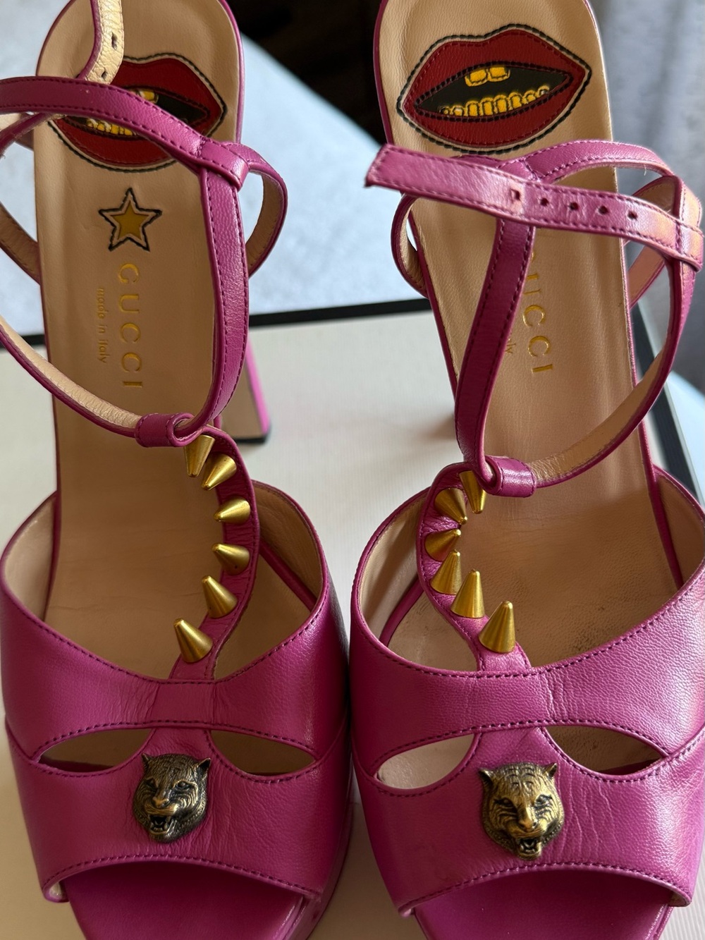 Gucci Pink Leather Studded T-Strap Heels with Tiger Heads
